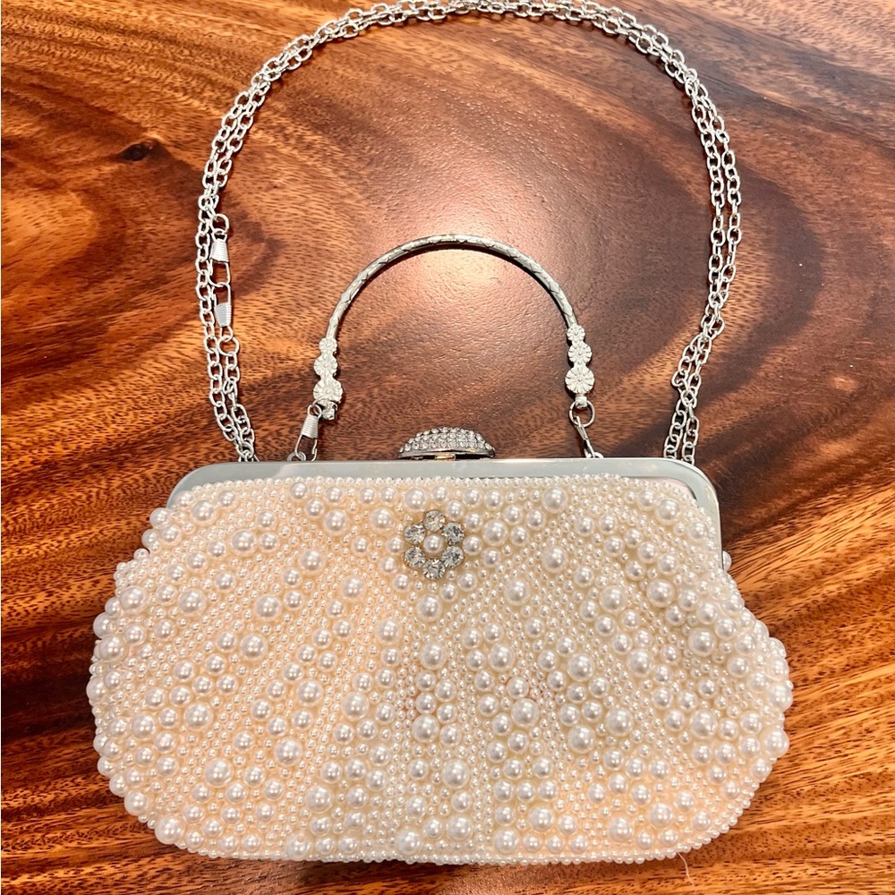 Luxury Pearl Floral Rhinestones Evening Clutch, Wedding CrossBody Bag EUC - Picture 11 of 15